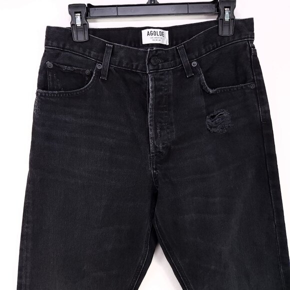 AGOLDE Straight Leg Jeans Women’s 29 Distress Black Button Fly Mid Rise Denim - Picture 3 of 15